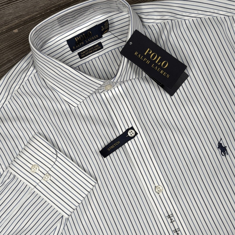 Polo Ralph Lauren Men 16 34/35 Button Down Shirt Blue White Striped Slim Fit NWT